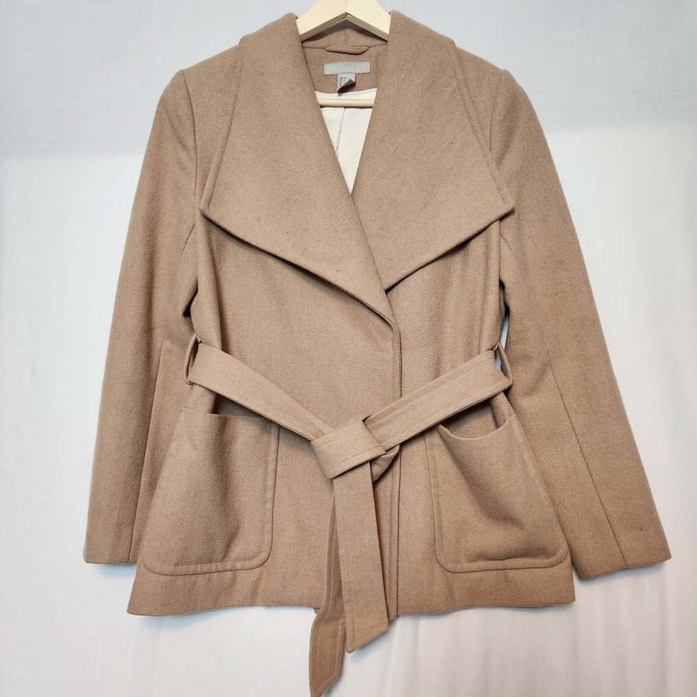 H&M Wool Blend Belted Wrap Coat Camel Tan Shawl Collar Size 6